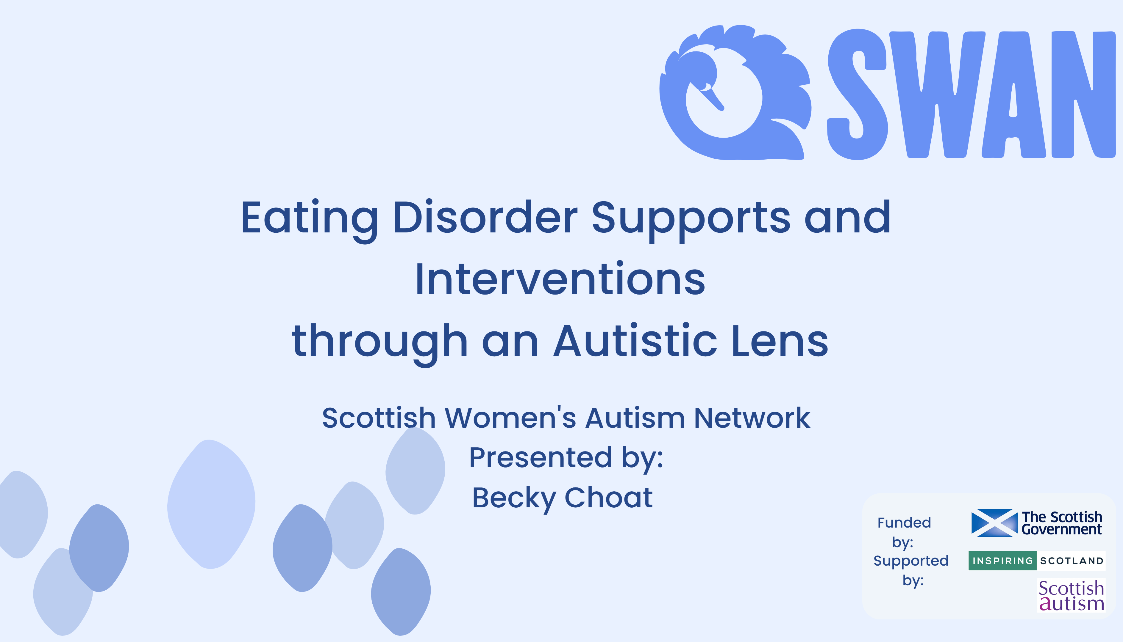 Blue background 
SWAN logo in top right corner
Text reads 'Eating disorder supports and interventions through an autistic lens SWAN presented by Becky Choat